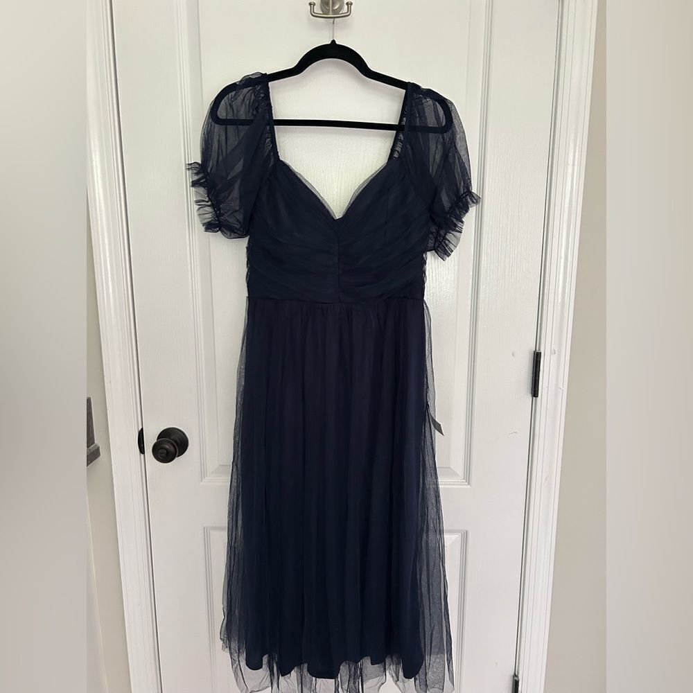 Lulus Romantic Navy Tulle Pleated Puff Sleeve Midi Dress Medium New with Tag - Picture 4 of 13
